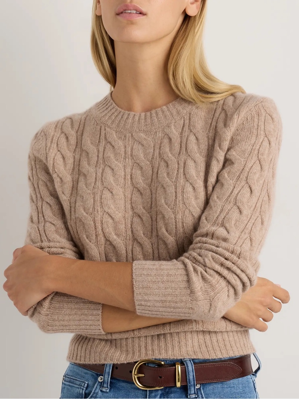 Quince Cable-Knit Crewneck Sweater in Oatmeal